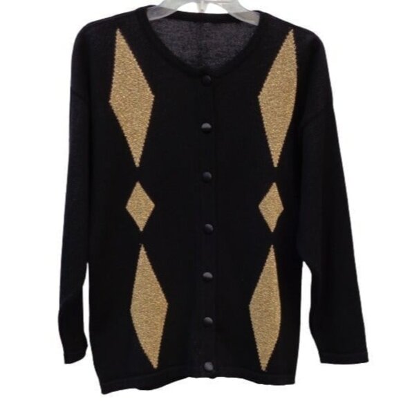 Vtg Black Gold Diamond Argyle Button Cardigan Sweater Merino Wool Italy Sz 44 M - Picture 1 of 4
